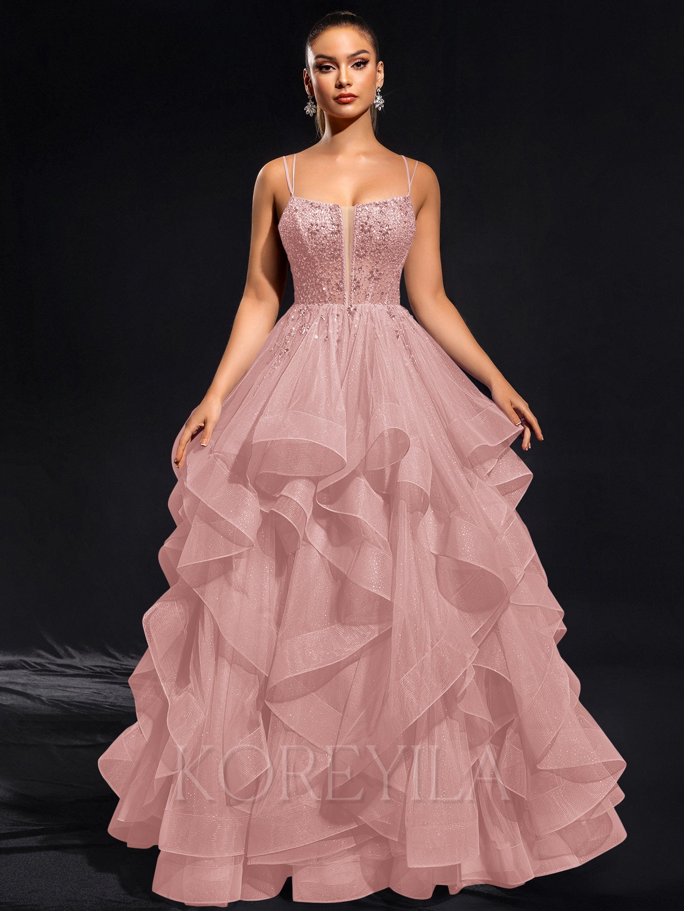 Ball-Gown/Princess Scoop Floor-Length Tulle Maxi Dresses With Rhinestone Beading
