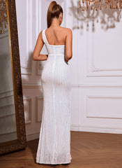One Shoulder Feather Sequined Maxi Dress With Slit Striped