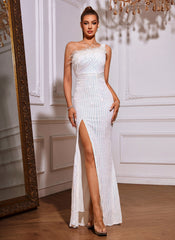 One Shoulder Feather Sequined Maxi Dress With Slit Striped