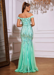 Off The Shoulder Tulle Sequin Mermaid Maxi Dresses