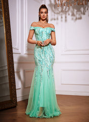 Off The Shoulder Tulle Sequin Mermaid Maxi Dresses