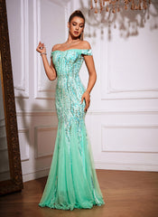 Off The Shoulder Tulle Sequin Mermaid Maxi Dresses
