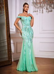 Off The Shoulder Tulle Sequin Mermaid Maxi Dresses