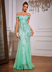 Off The Shoulder Tulle Sequin Mermaid Maxi Dresses