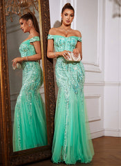 Off The Shoulder Tulle Sequin Mermaid Maxi Dresses