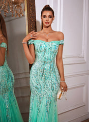 Off The Shoulder Tulle Sequin Mermaid Maxi Dresses