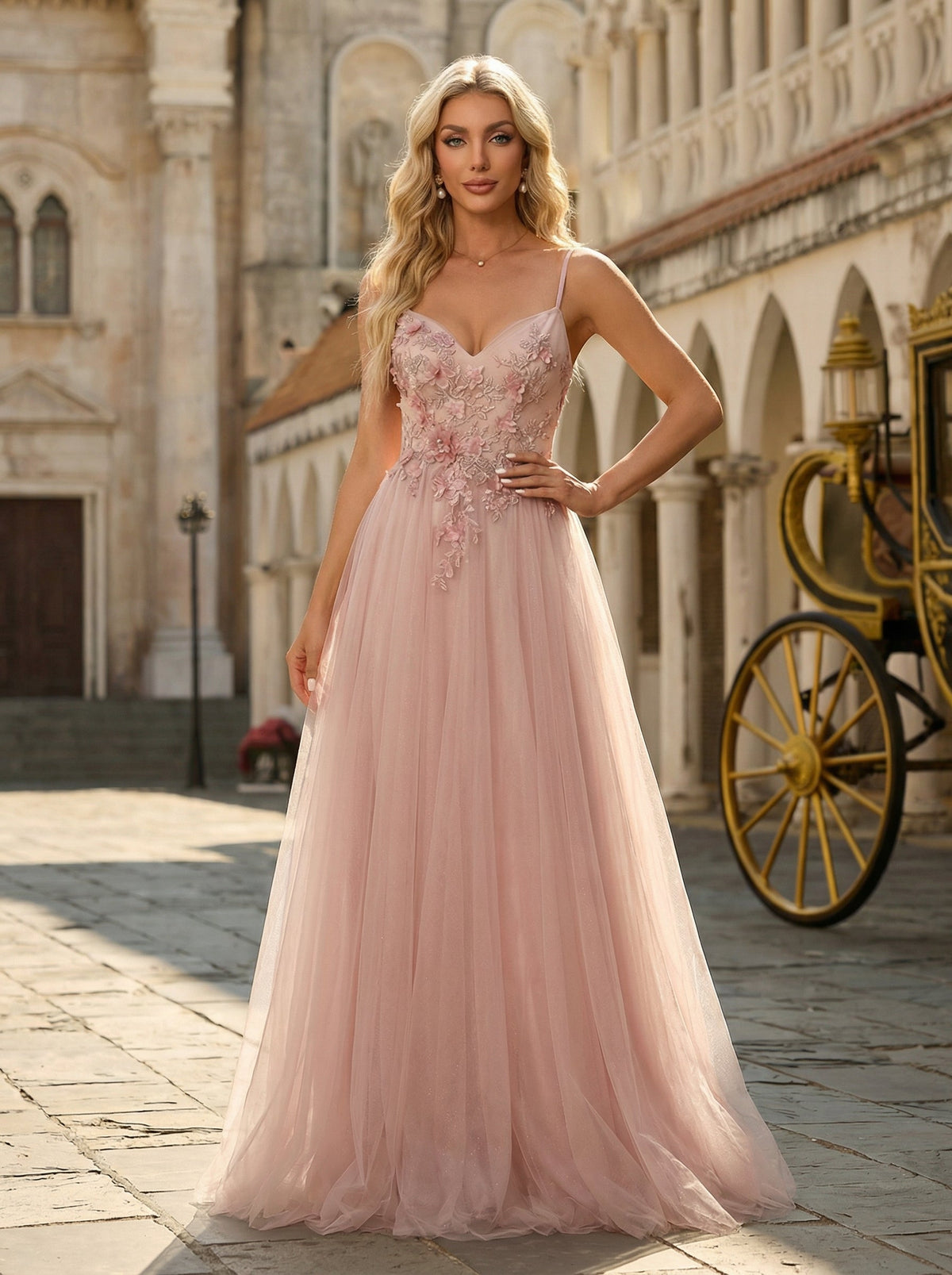 Ball-Gown/Princess V-Neck Sweep Train Tulle Maxi Dresses With Rhinestone Appliques Lace Sequins