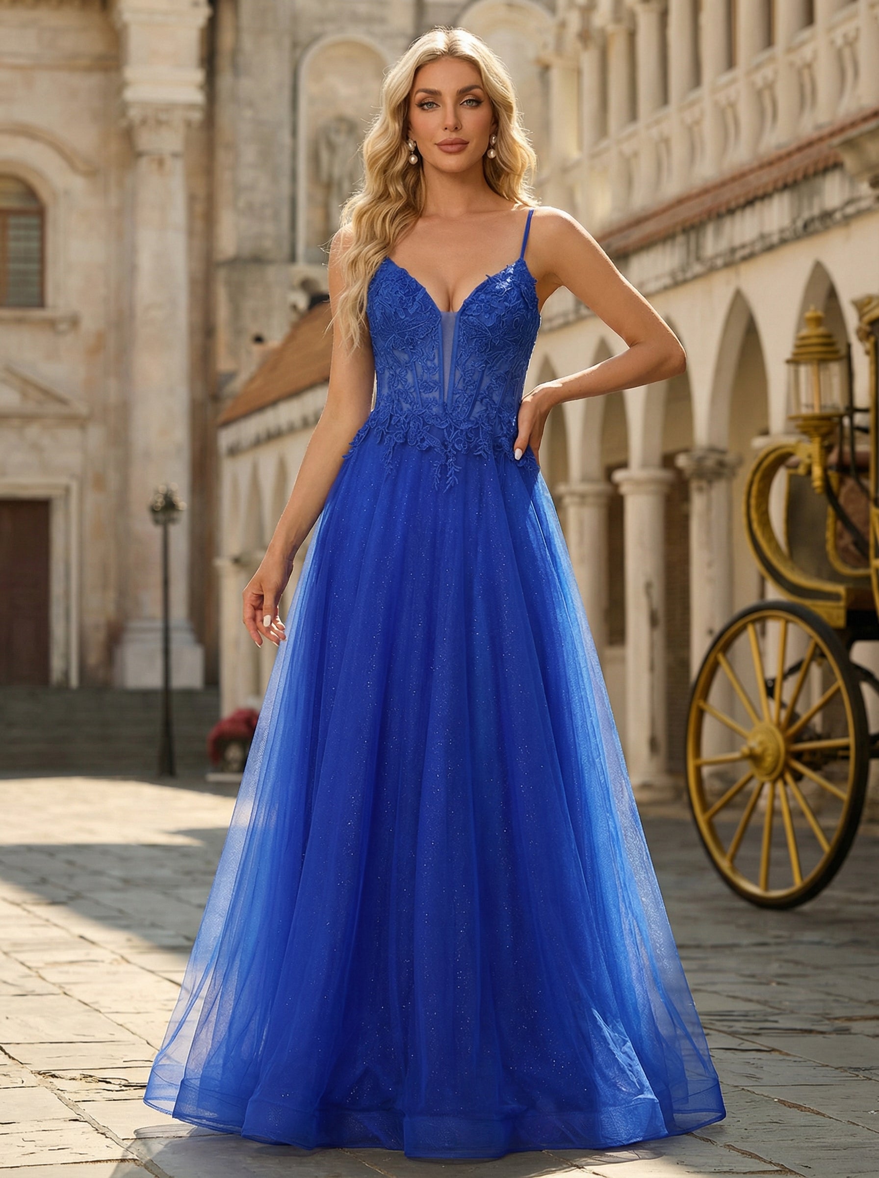 A-line Sleeveless Sweep Train Tulle Maxi Dress With Appliques Lace