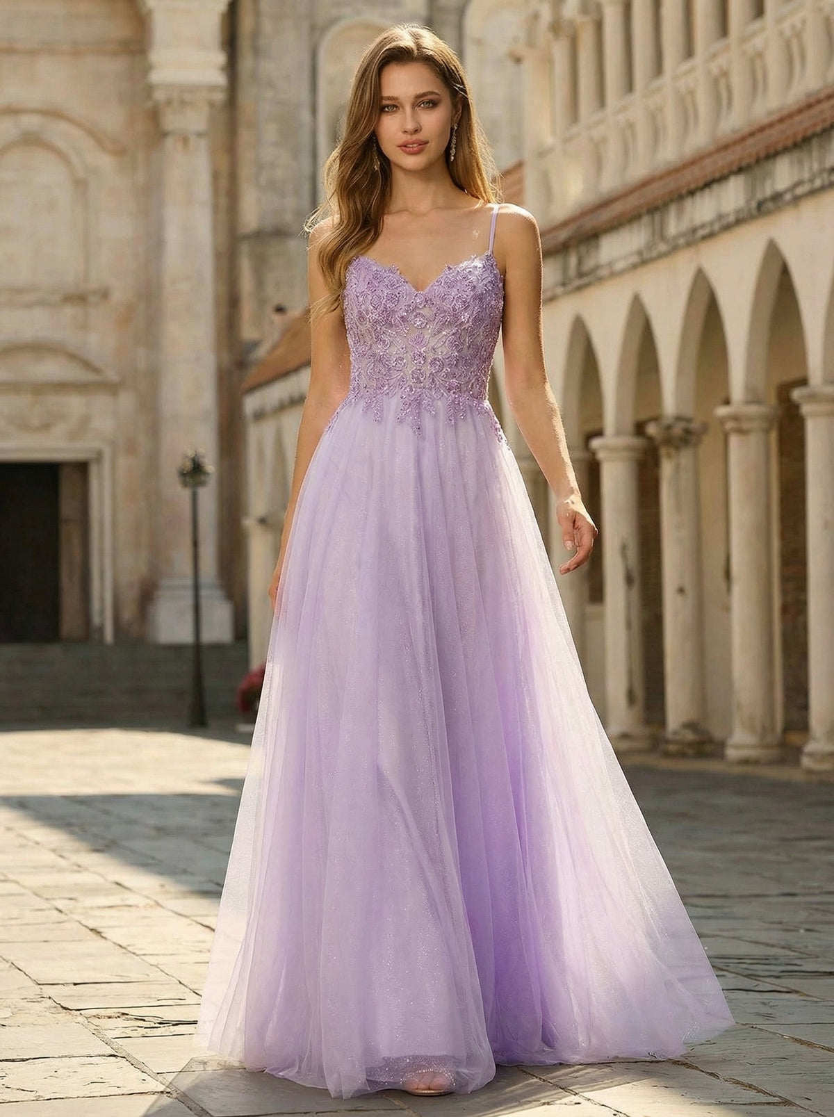 A-line V-Neck Floor-Length Tulle Maxi Dresses With Sequins