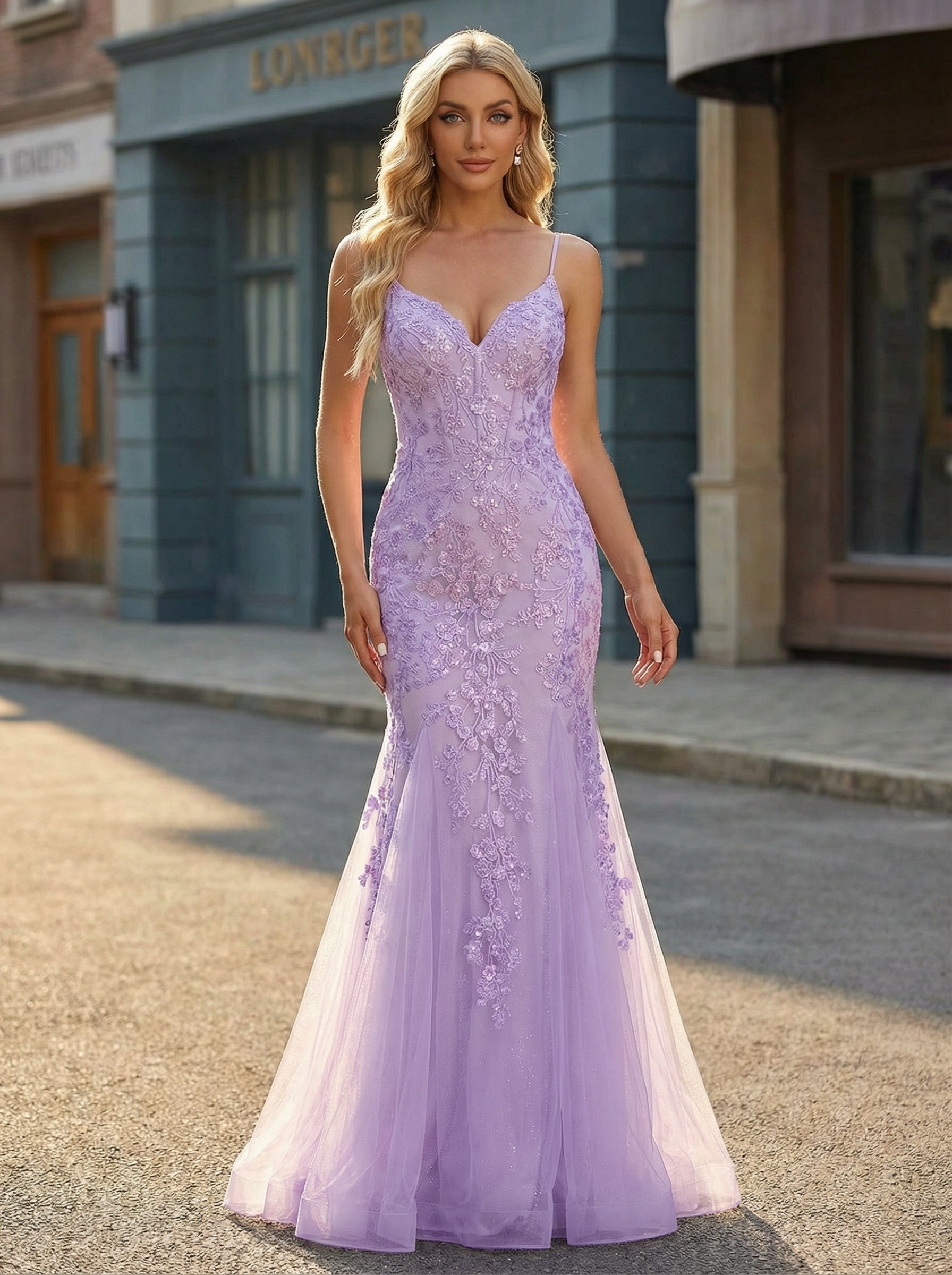 Sleeveless V-Neck Sequins Tulle Trumpet/Mermaid Maxi Dress