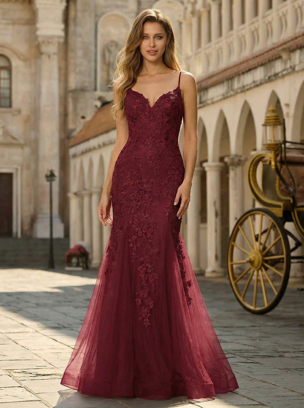 Sleeveless V-Neck Sequins Tulle Trumpet/Mermaid Maxi Dress