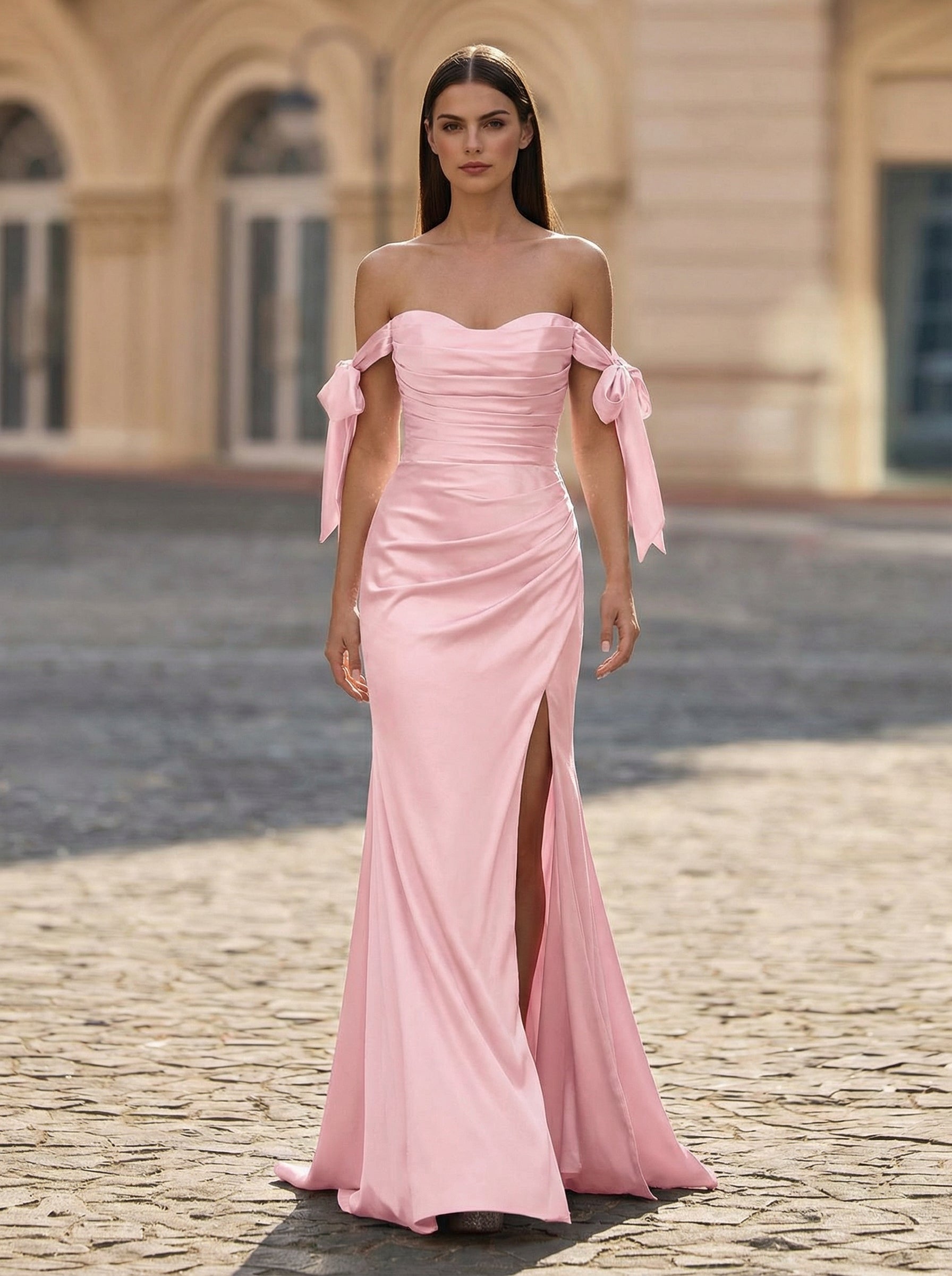 Trumpet/Mermaid Off the Shoulder Sweep Train Jersey Maxi Dresses With Pleated Bow