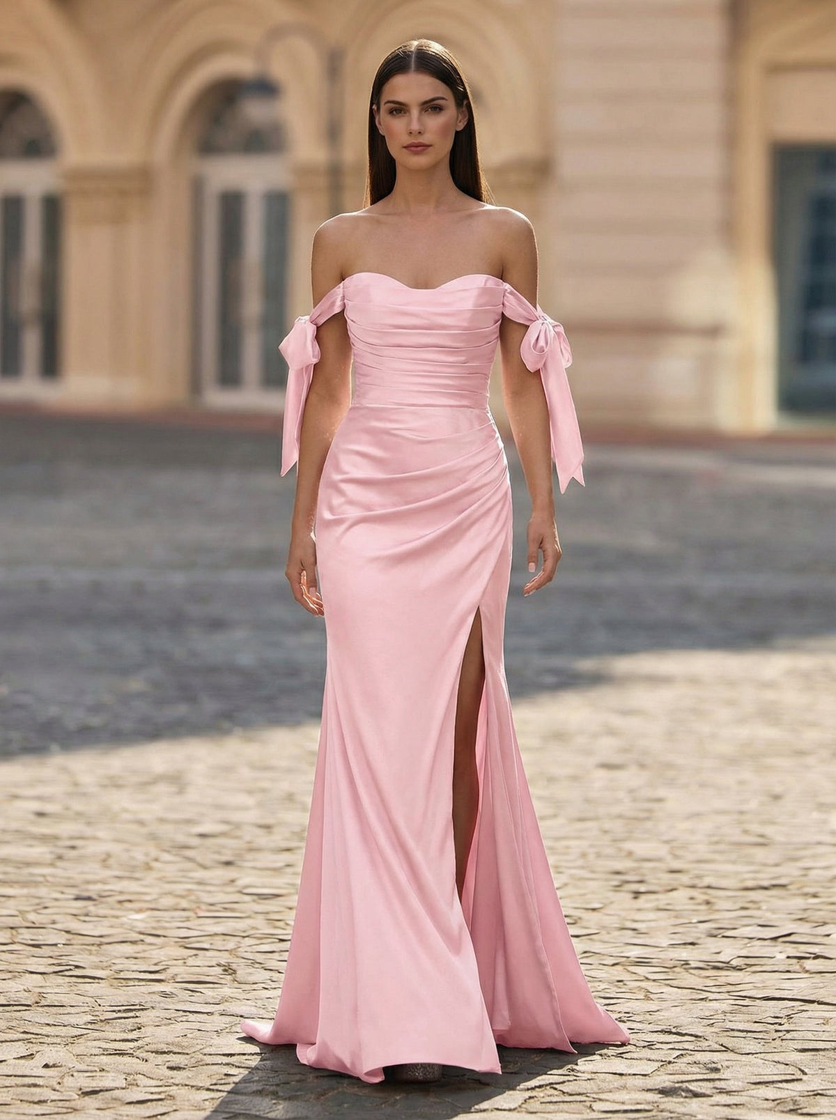 Trumpet/Mermaid Off the Shoulder Sweep Train Jersey Maxi Dresses With Pleated Bow