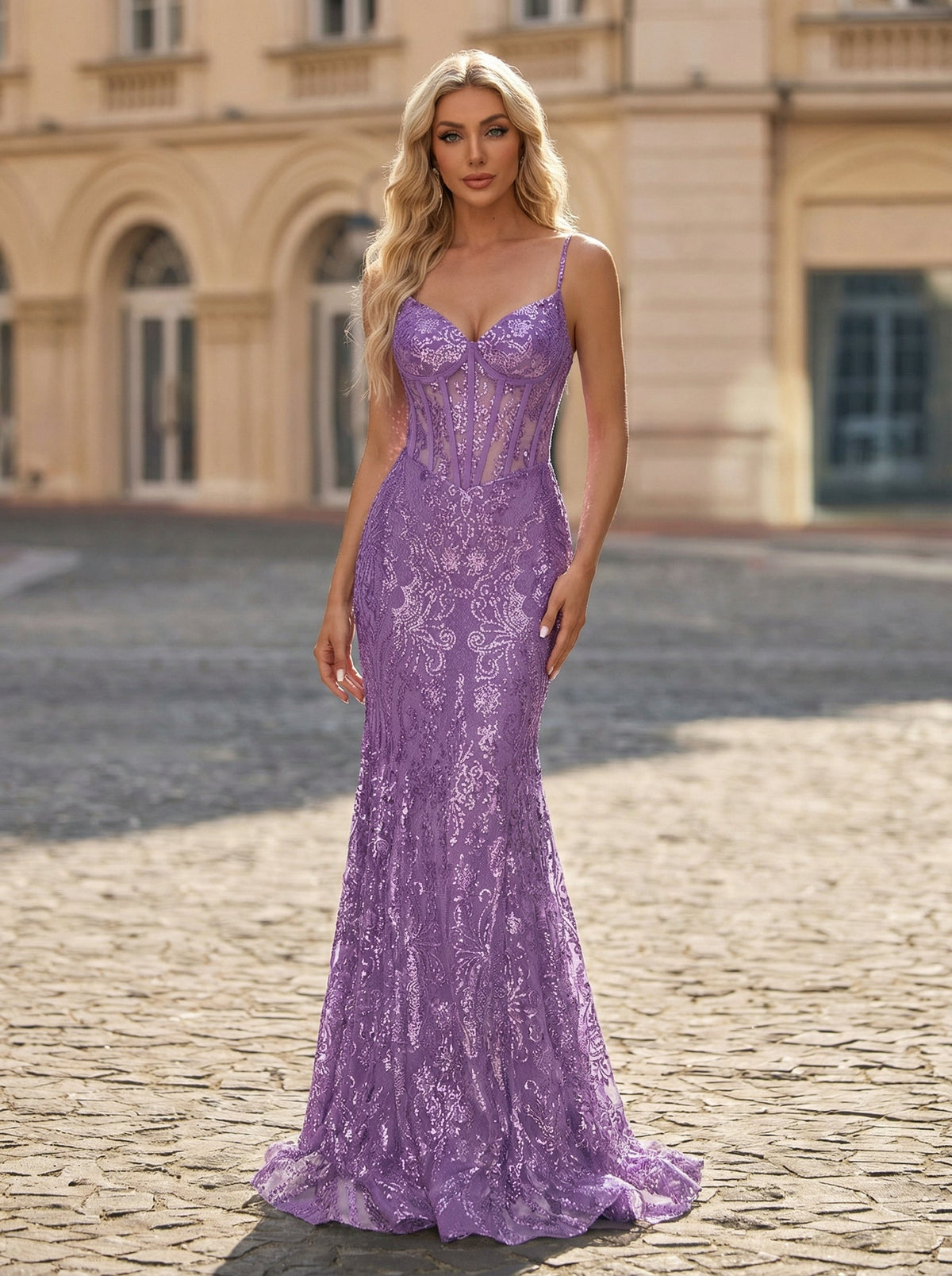 Spaghetti Straps V-Neck Corset Sequins Lace Trumpet/Mermaid Maxi Dress