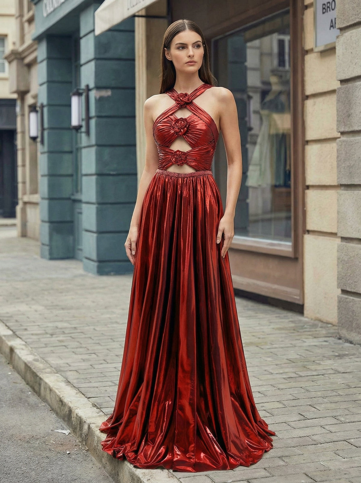 A-line Sleeveless Sweep Train Metallic Maxi Dress With Rhinestone