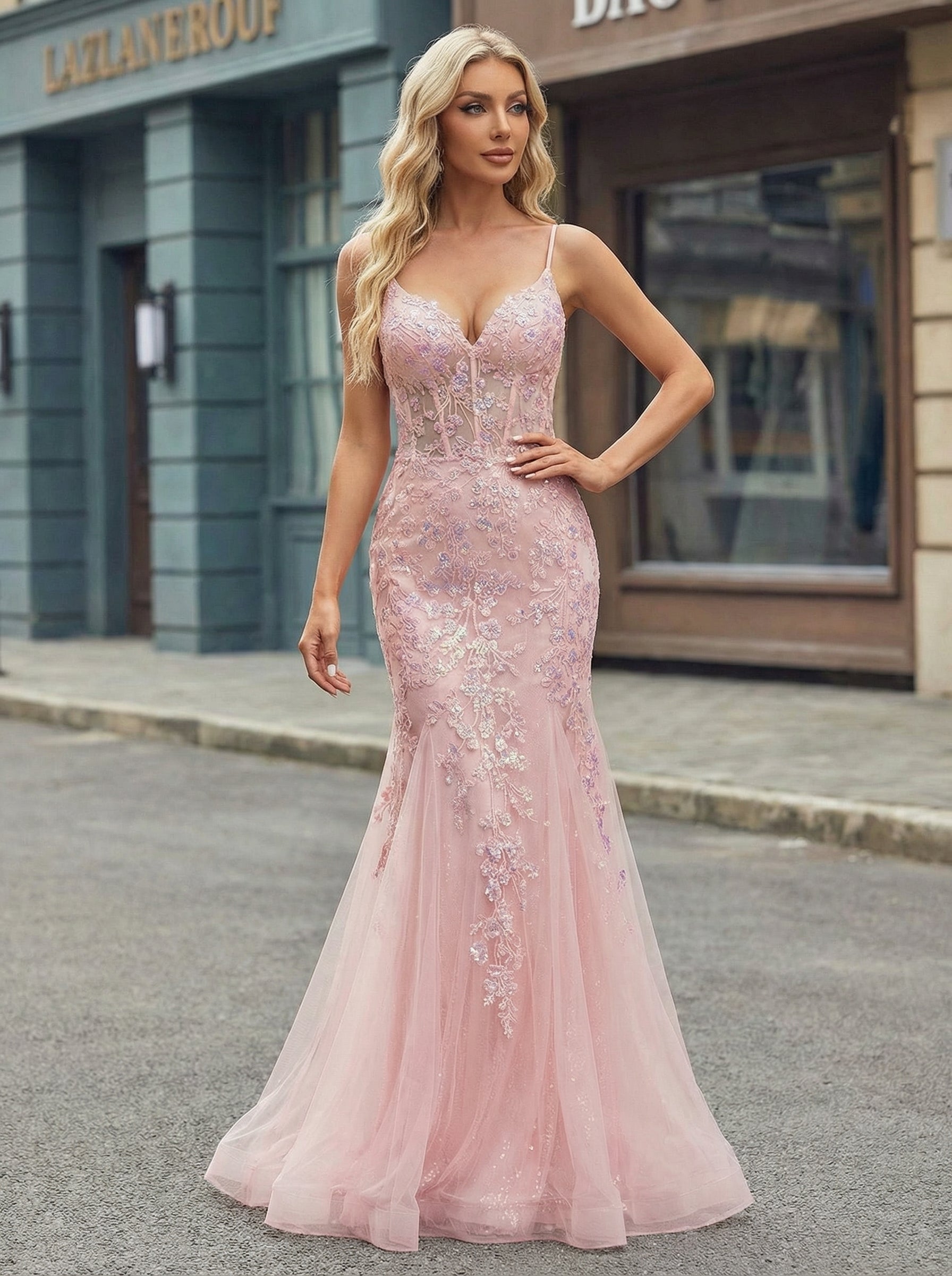 Sleeveless V-Neck Sequins Tulle Trumpet/Mermaid Maxi Dress