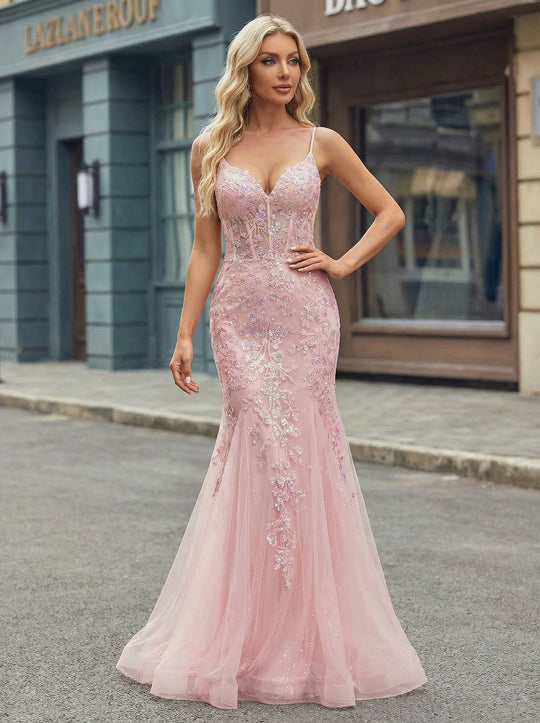 Sleeveless V-Neck Sequins Tulle Trumpet/Mermaid Maxi Dress
