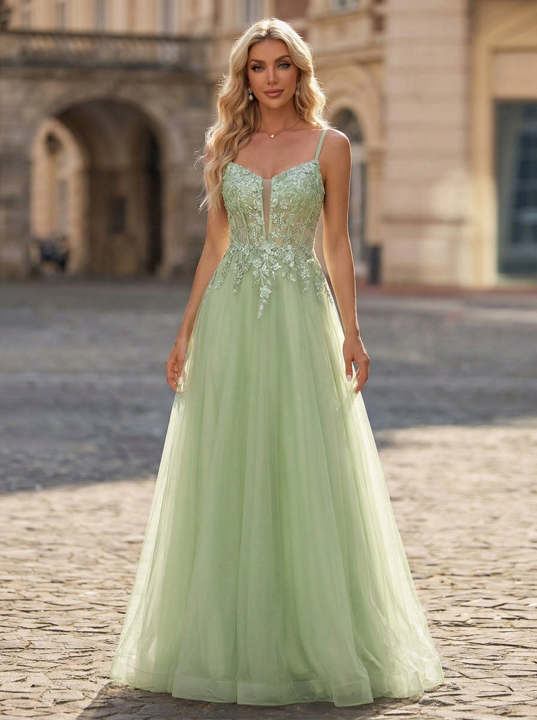 Spaghetti Straps V-Neck Embroidered Sequins Tulle A-line Maxi Dress –  KOREYILA