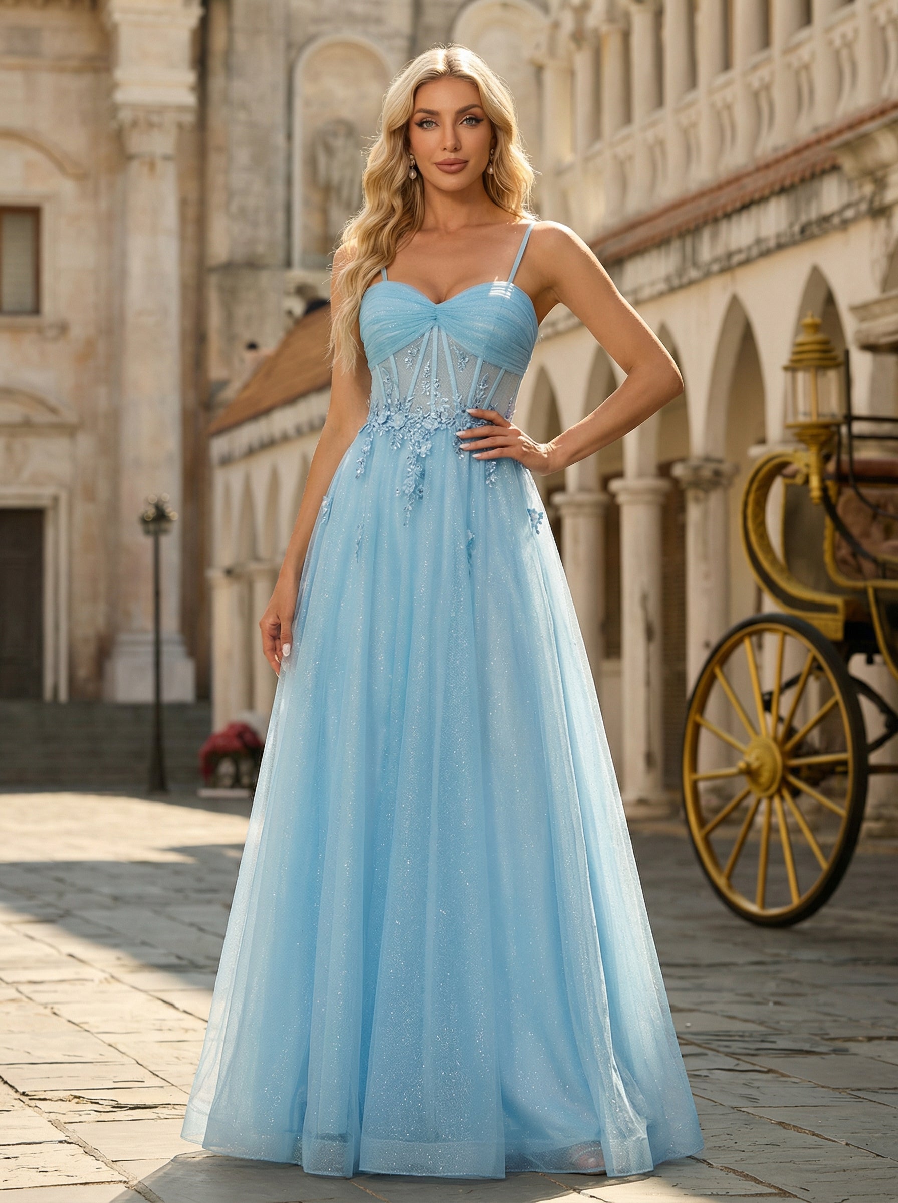 Sleeveless Sweetheart Sequins 3D Floral Tulle Ball-Gown/Princess Maxi Dress
