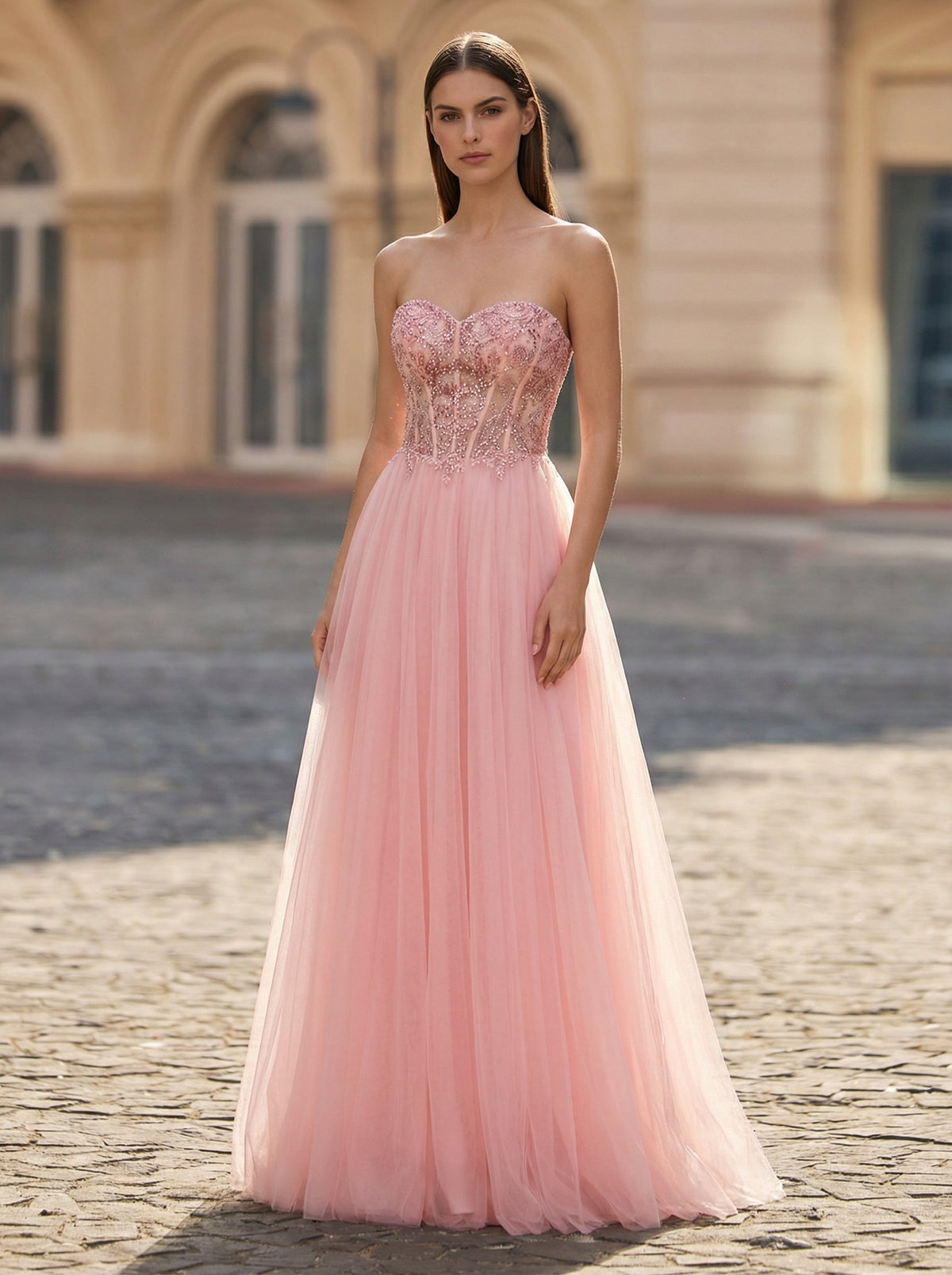 Strapless Sweetheart Rhinestone Sequins Tulle Ball-Gown/Princess Maxi Dress