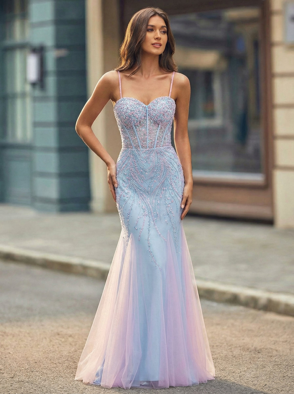 Spaghetti Straps Sweetheart Rhinestone Sequins Tulle Trumpet/Mermaid Maxi Dress