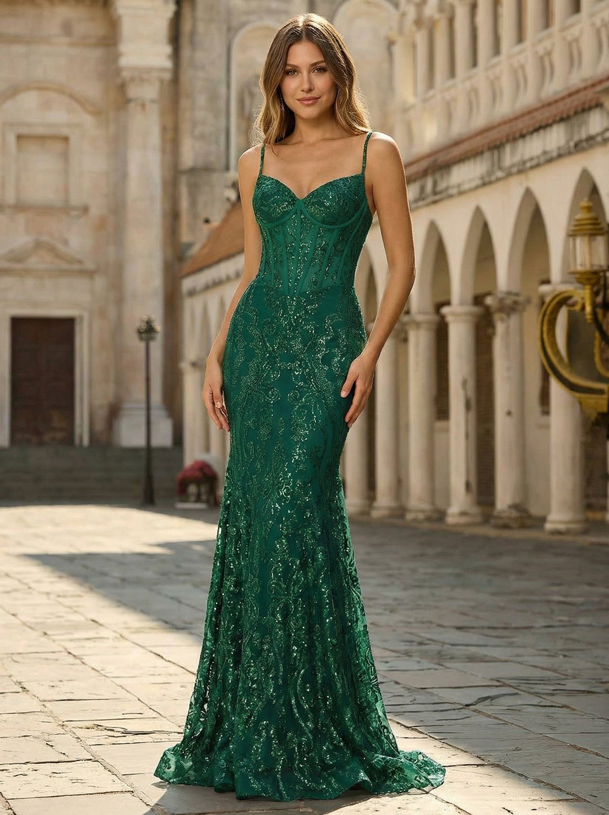 Spaghetti Straps V-Neck Corset Sequins Lace Trumpet/Mermaid Maxi Dress