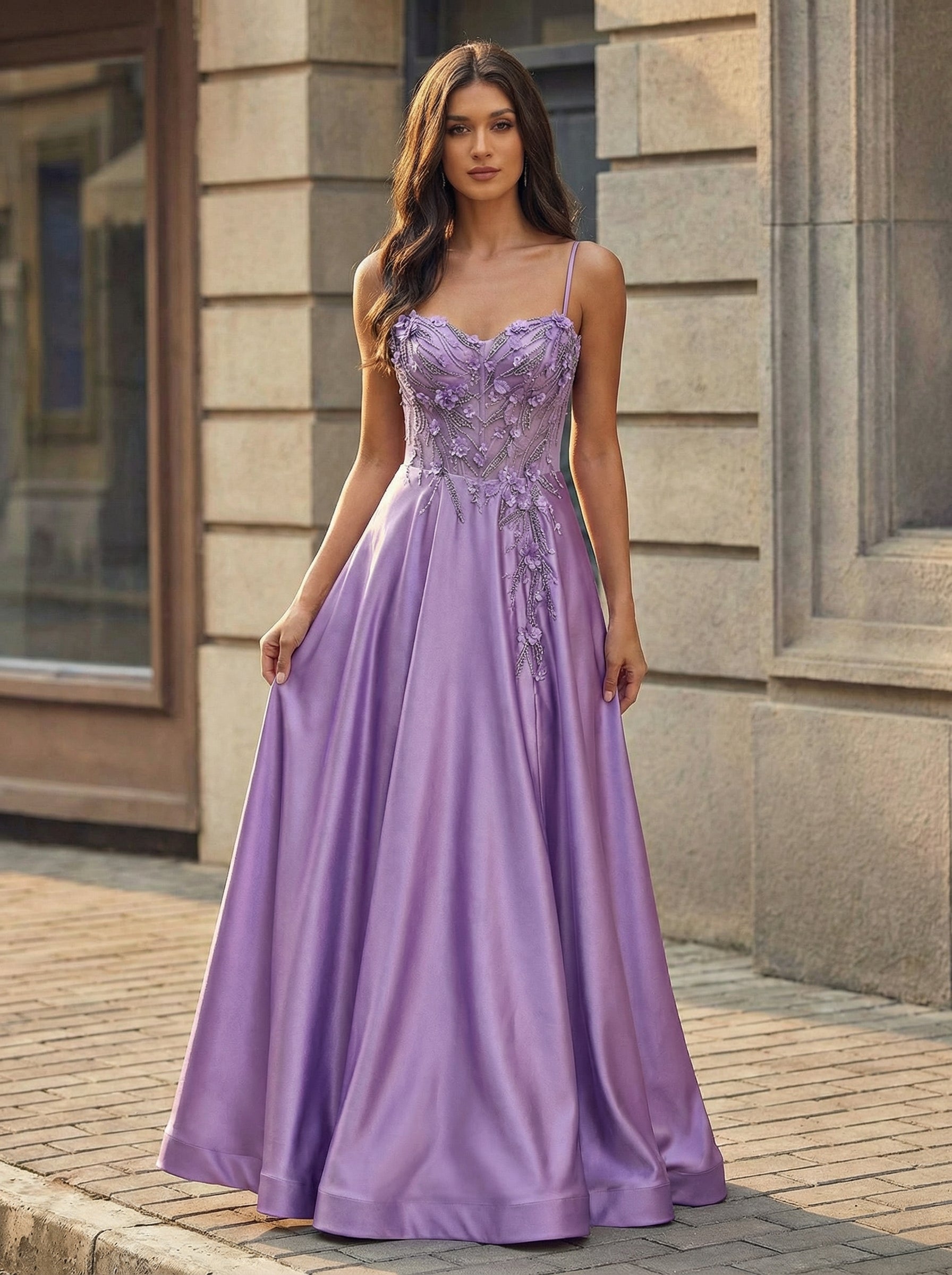 A-line Sweetheart Sweep Train Silky Satin Prom Dresses With Rhinestone 3D Floral Sequins Beading