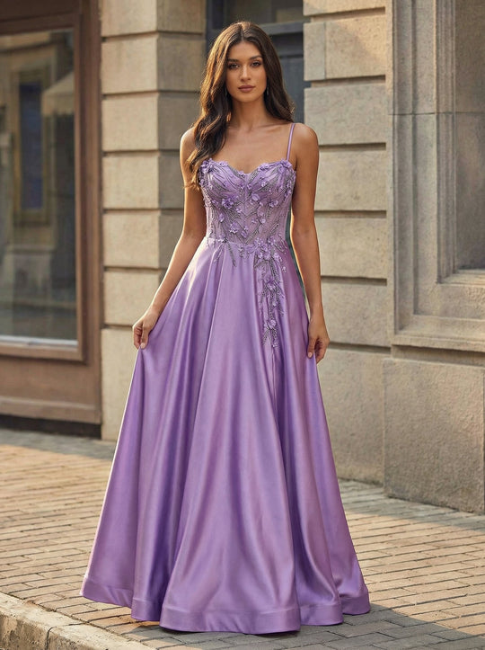 A-line Sweetheart Sweep Train Silky Satin Prom Dresses With Rhinestone 3D Floral Sequins Beading