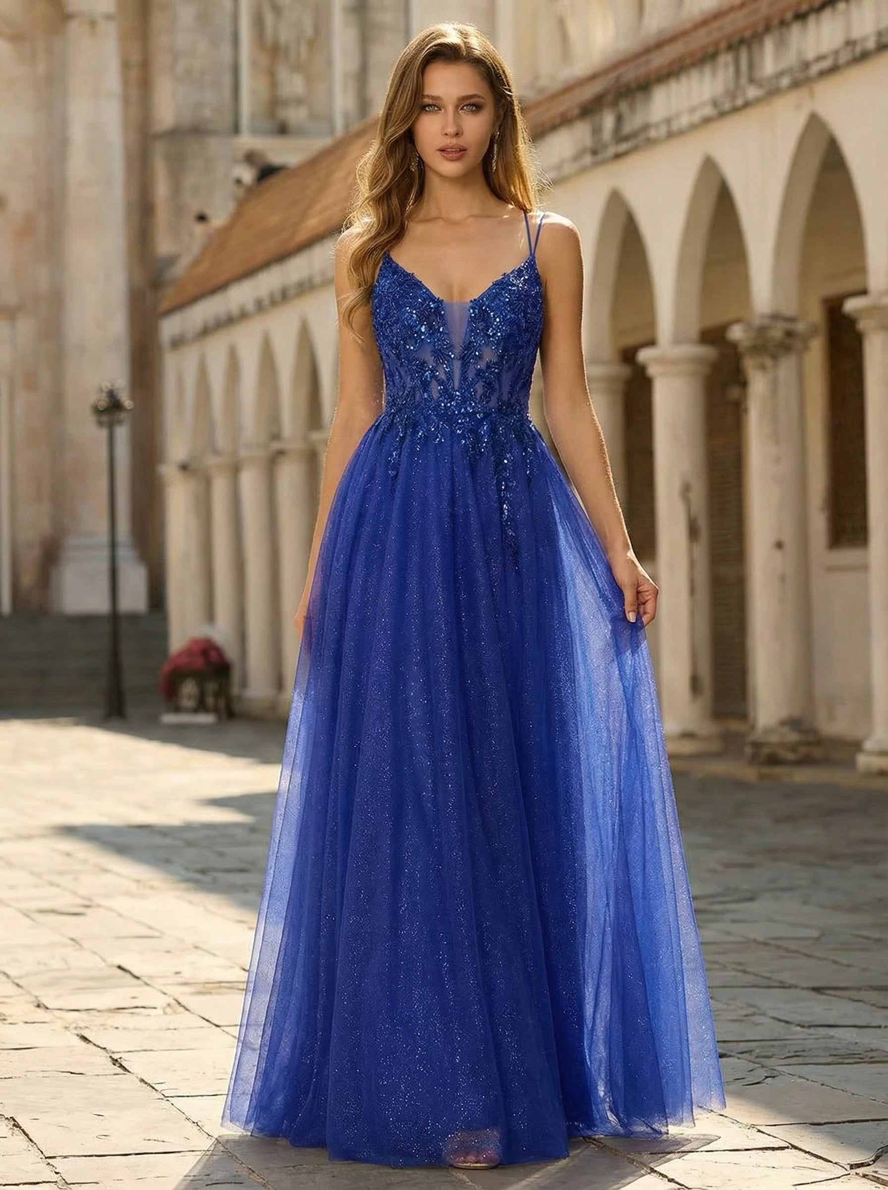 Ball-Gown/Princess V-Neck Floor-Length Tulle Prom Dresses With Beading Sequins Appliques Lace