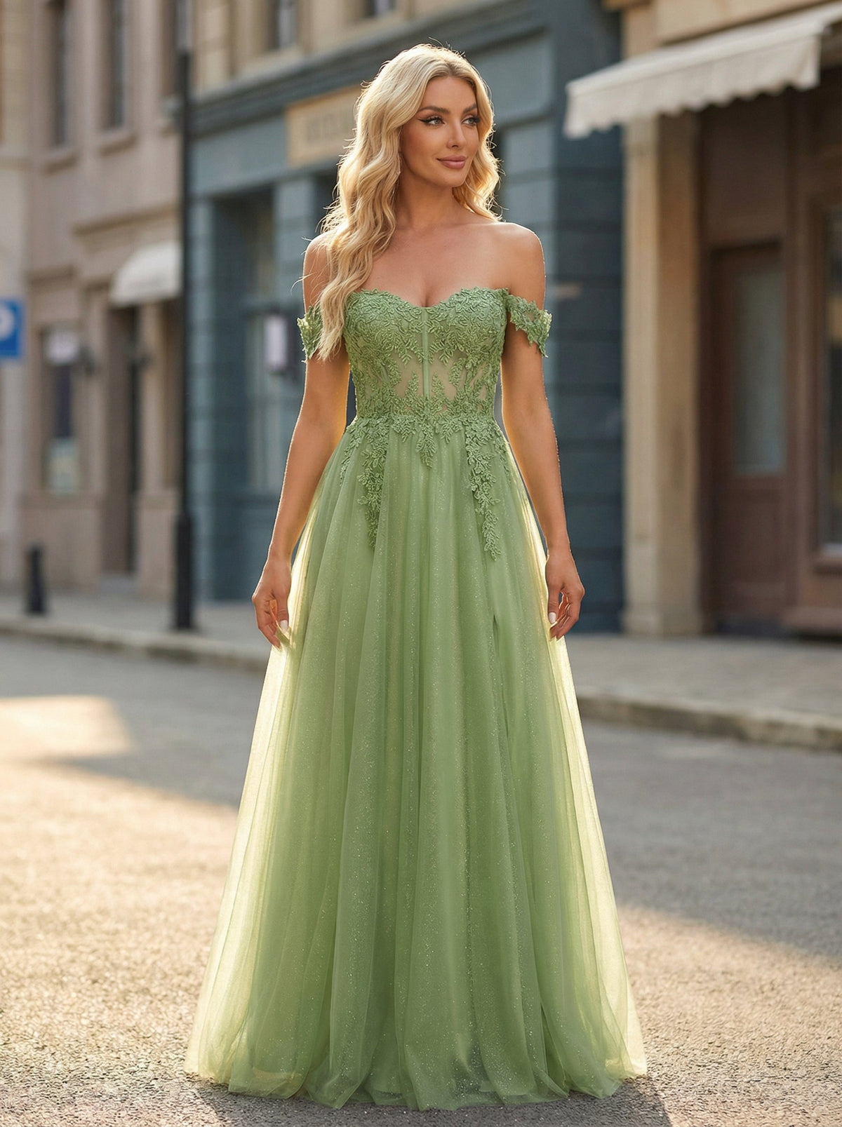 A-line Off the Shoulder Sweep Train Tulle Prom Dresses With Sequins Appliques Lace Beading