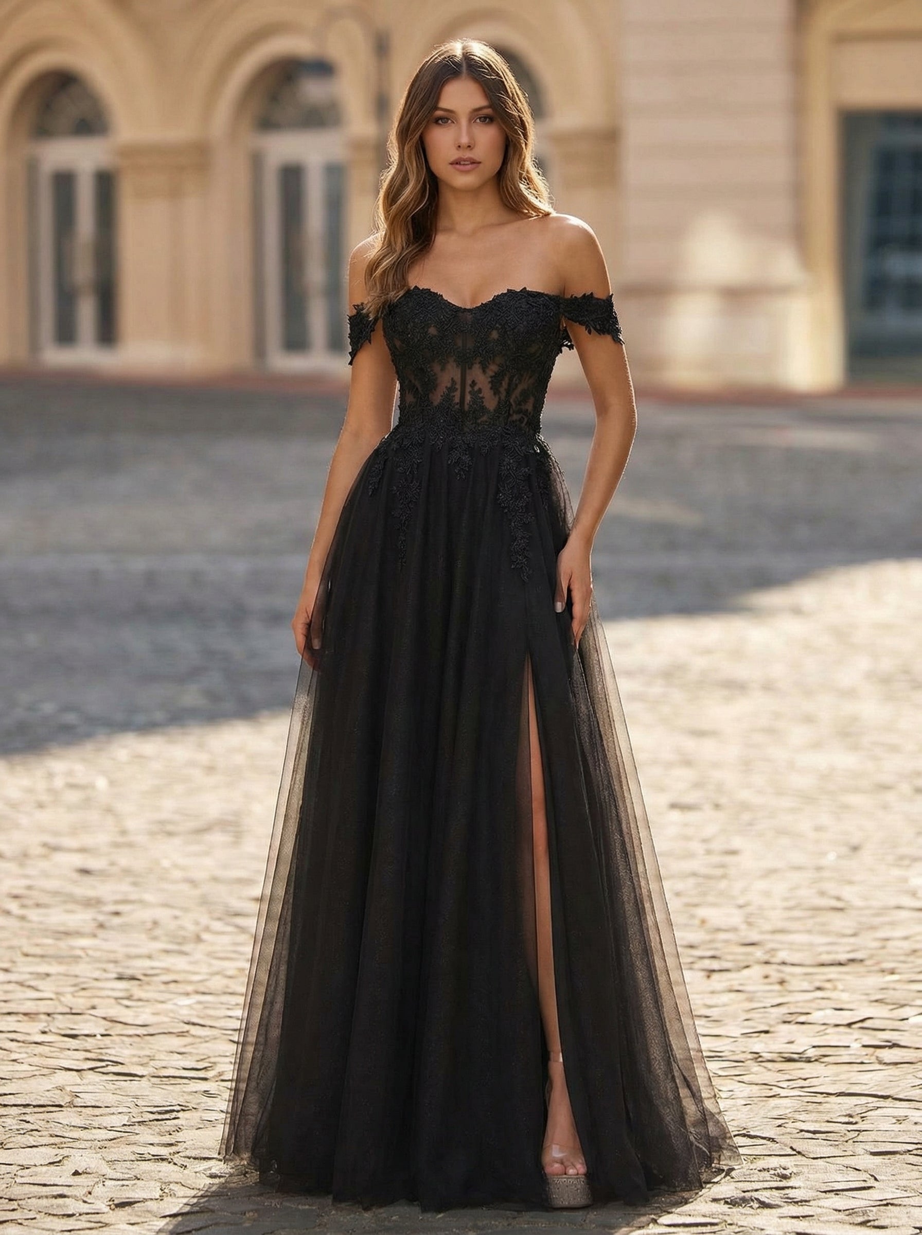 A-line Off the Shoulder Sweep Train Tulle Prom Dresses With Sequins Appliques Lace Beading