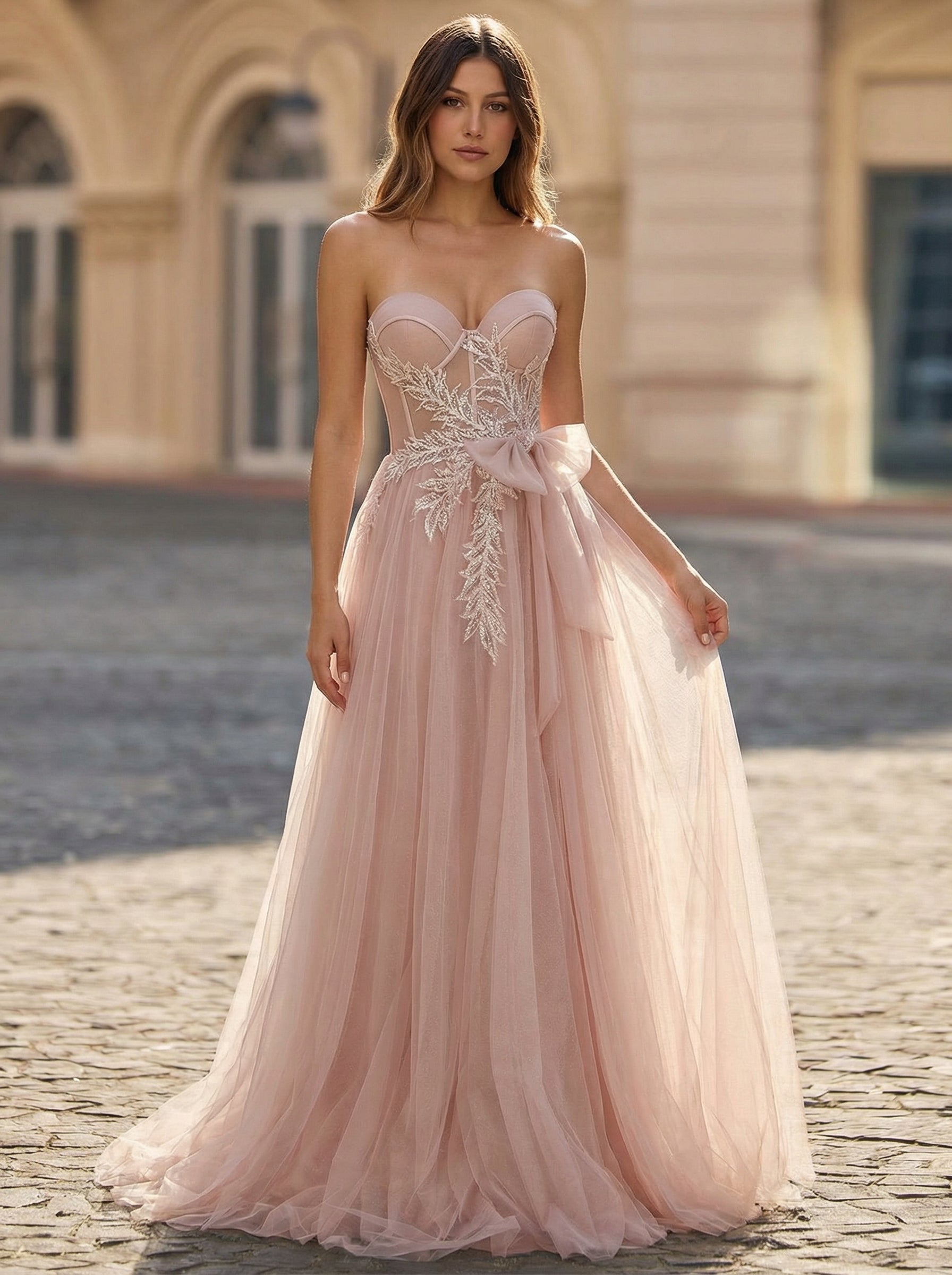 Ball-Gown/Princess Sweetheart Sweep Train Tulle Maxi Dresses With Bow Sequins Rhinestone