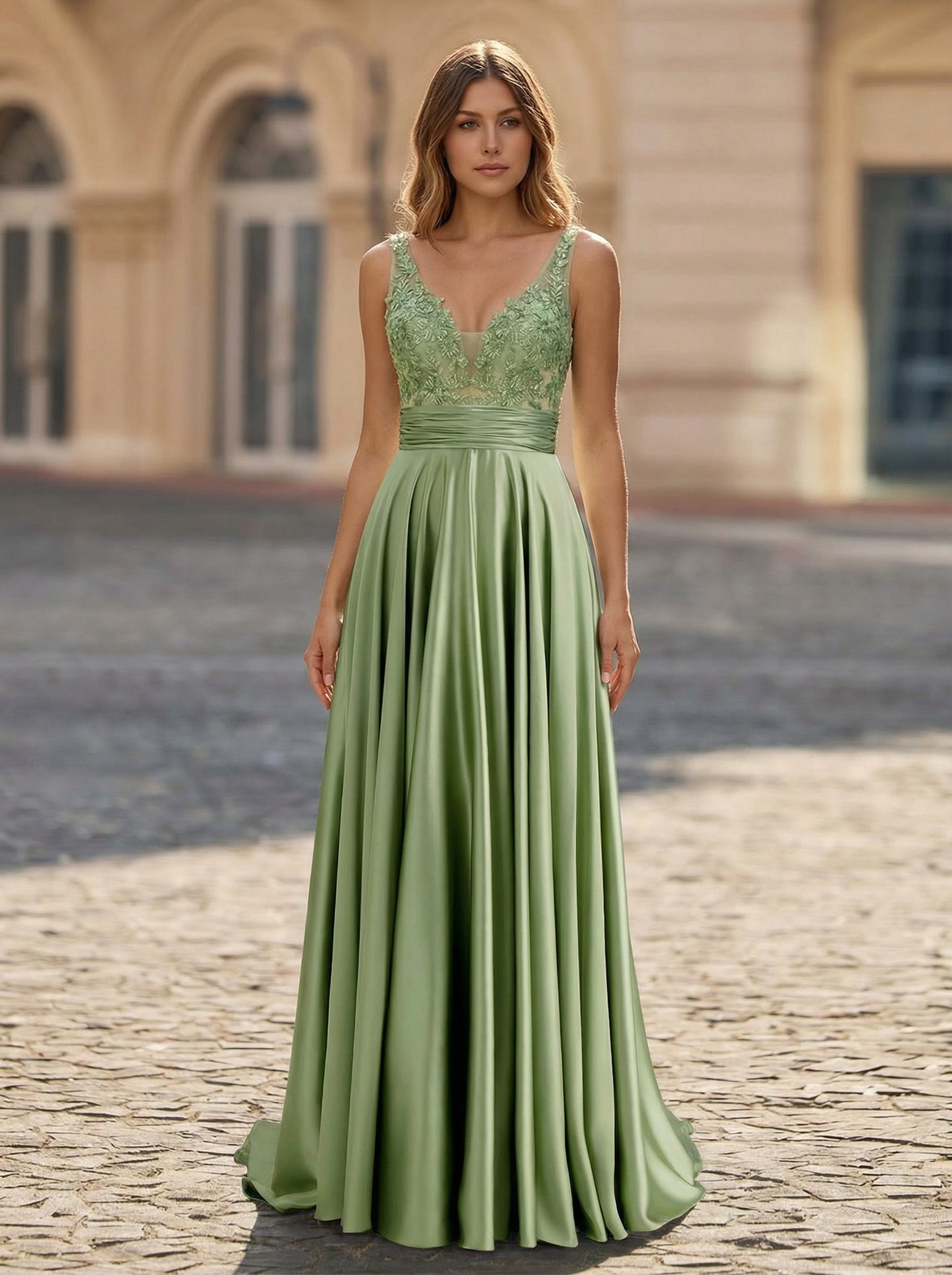 A-line V-Neck Sweep Train Jersey Prom Dresses With Sequins Beading Appliques Lace