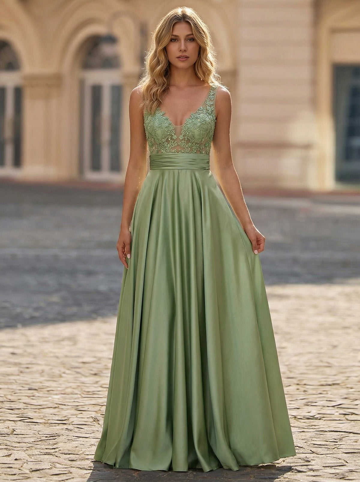 A-line V-Neck Sweep Train Jersey Prom Dresses With Sequins Beading Appliques Lace