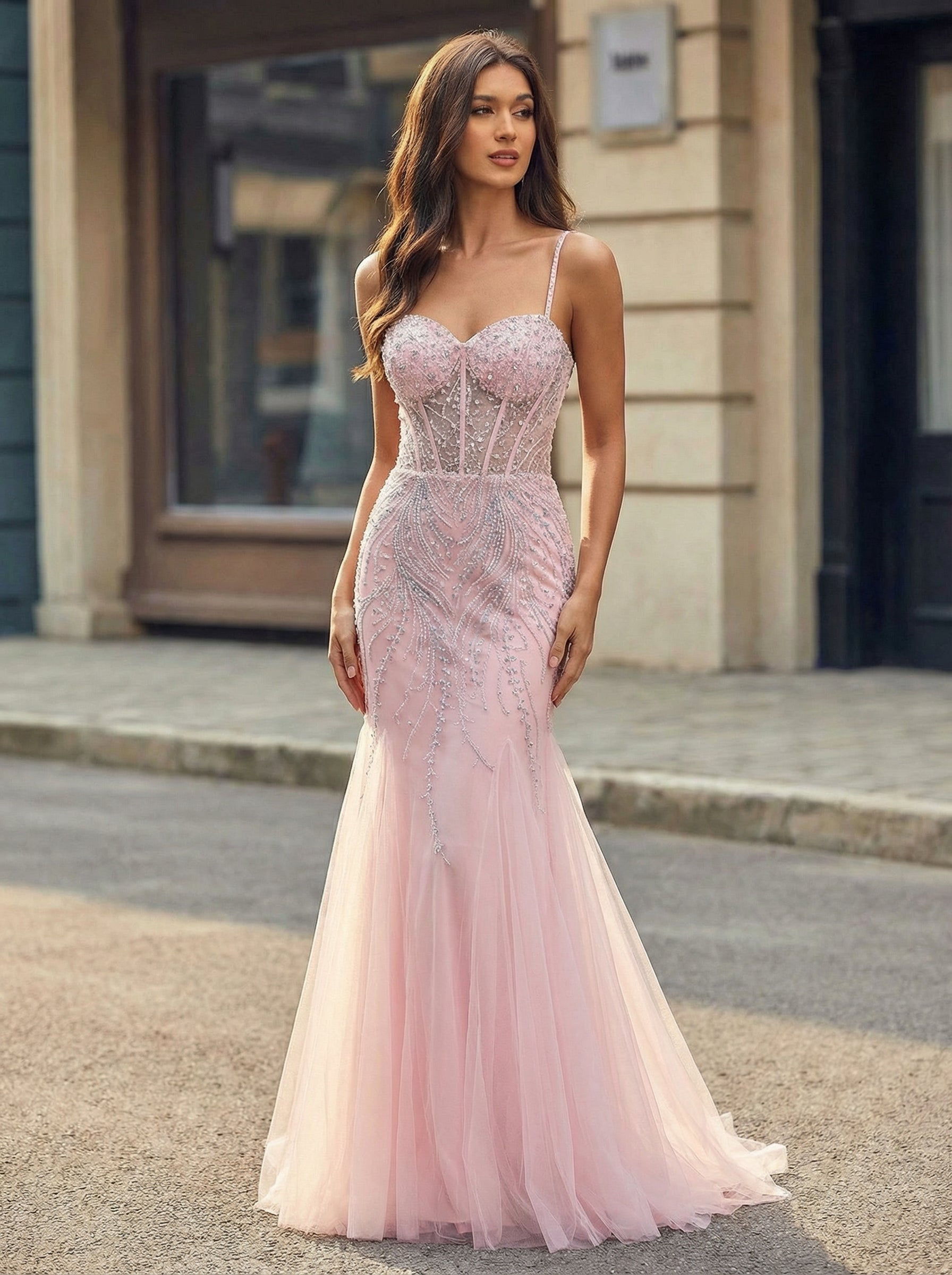 Spaghetti Straps Sweetheart Rhinestone Sequins Tulle Trumpet/Mermaid Maxi Dress