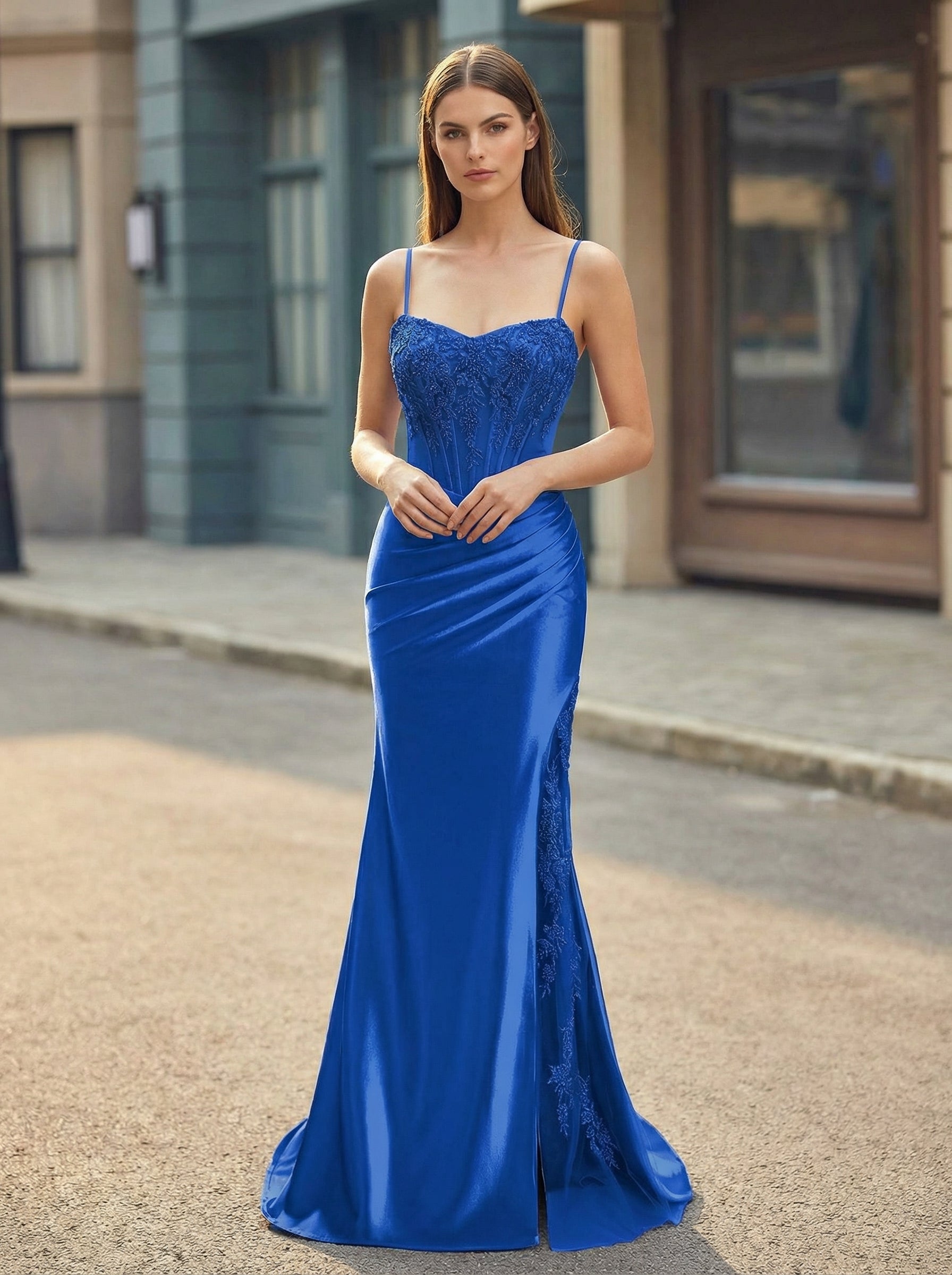 Trumpet/Mermaid V-Neck Sweep Train Silky Satin Prom Dresses With Appliques Lace Beading