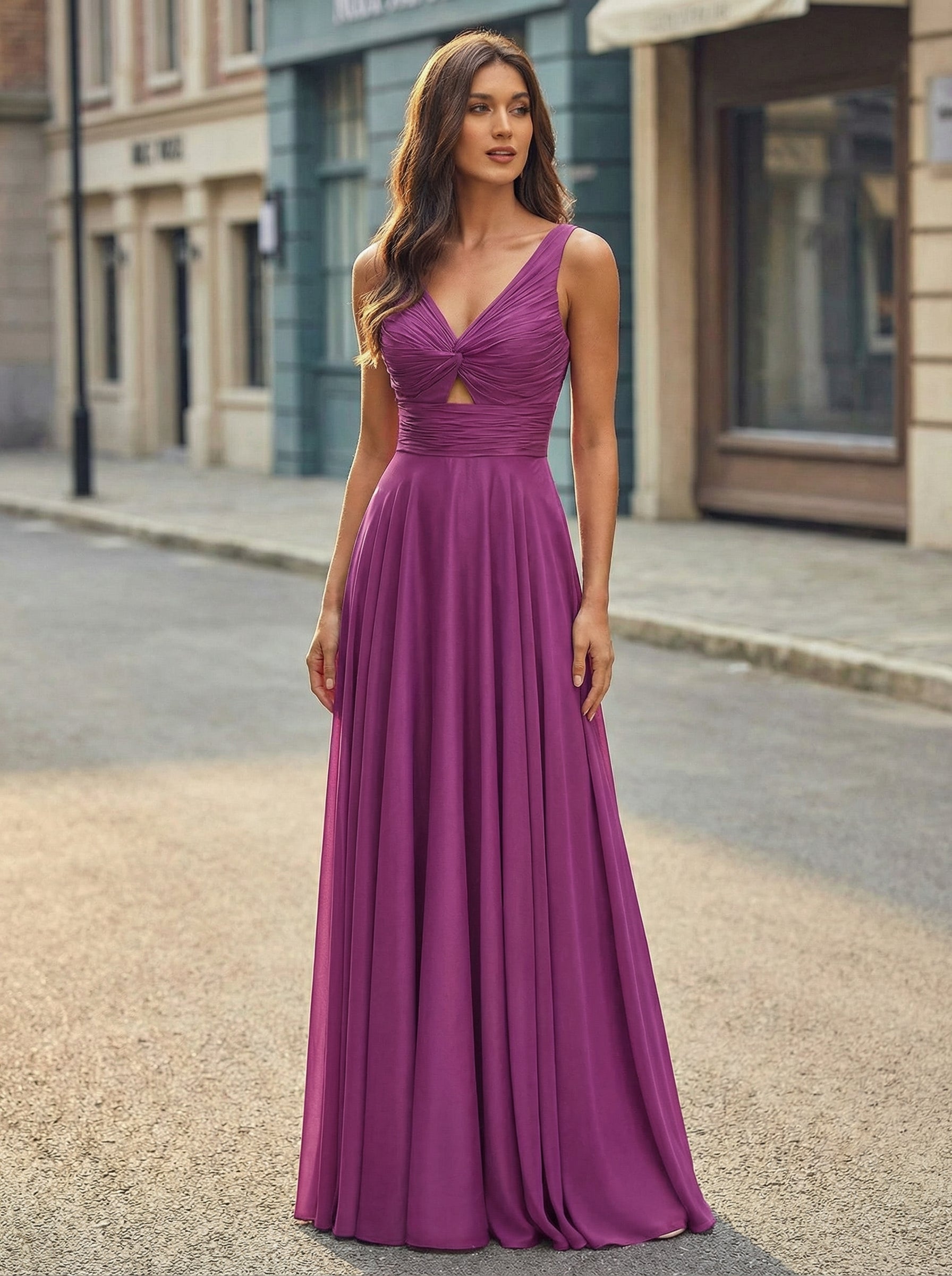 A-line V-Neck Floor-Length Silky Satin Prom Dresses With Pleated