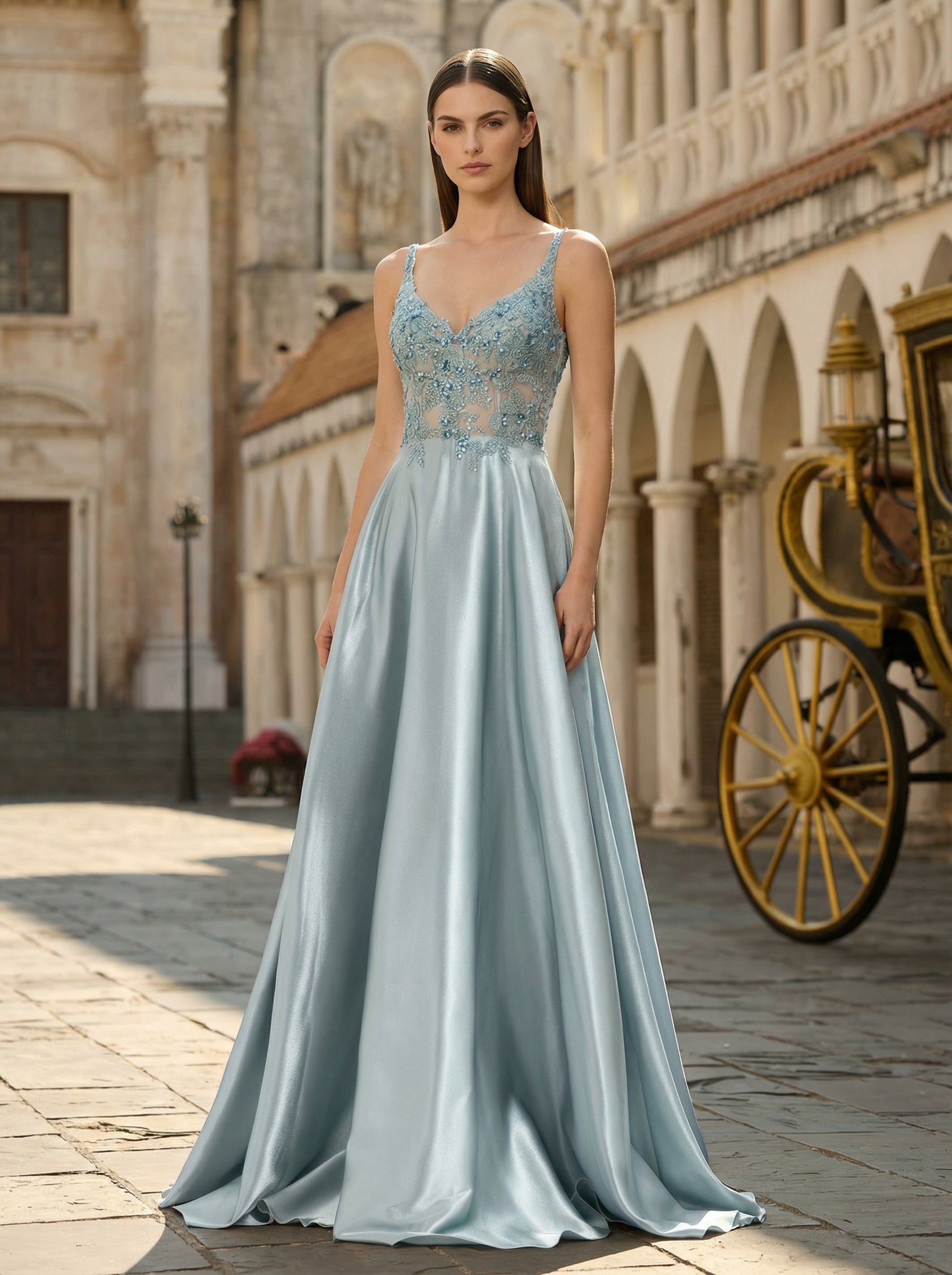 A-line Sleeveless Sweep Train Satin Prom Dress With Sequins