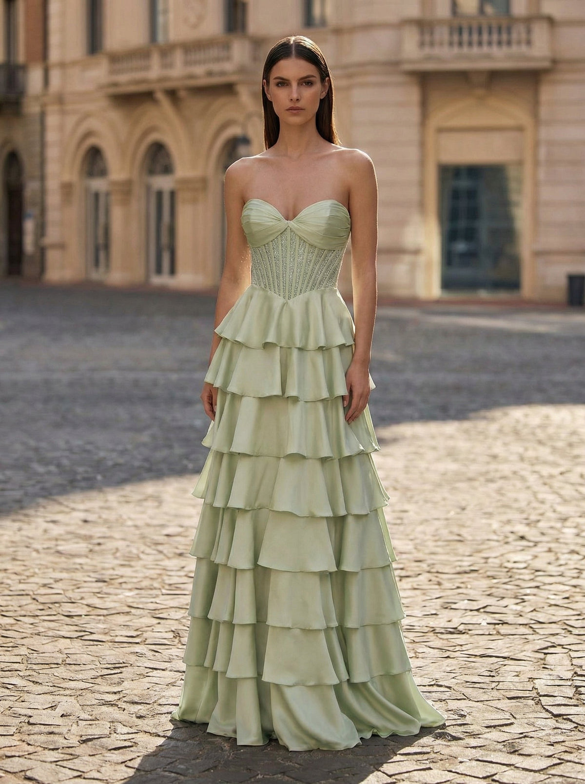 Ball-Gown/Princess Sleeveless Silky Satin Maxi Dress With Cascading Ruffles