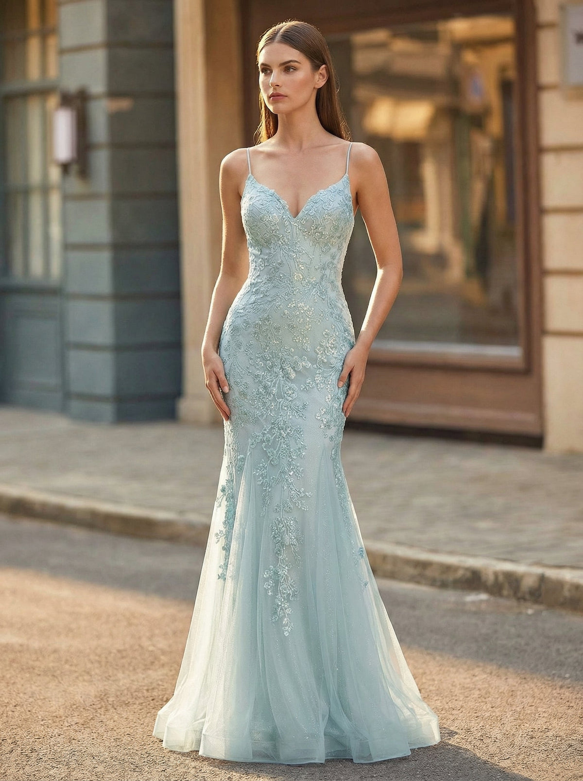 Sleeveless V-Neck Sequins Tulle Trumpet/Mermaid Maxi Dress