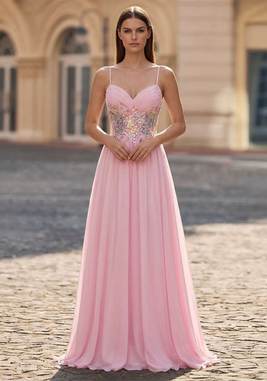 A-line V-Neck Sweep Train Chiffon Maxi Dresses With Sequins