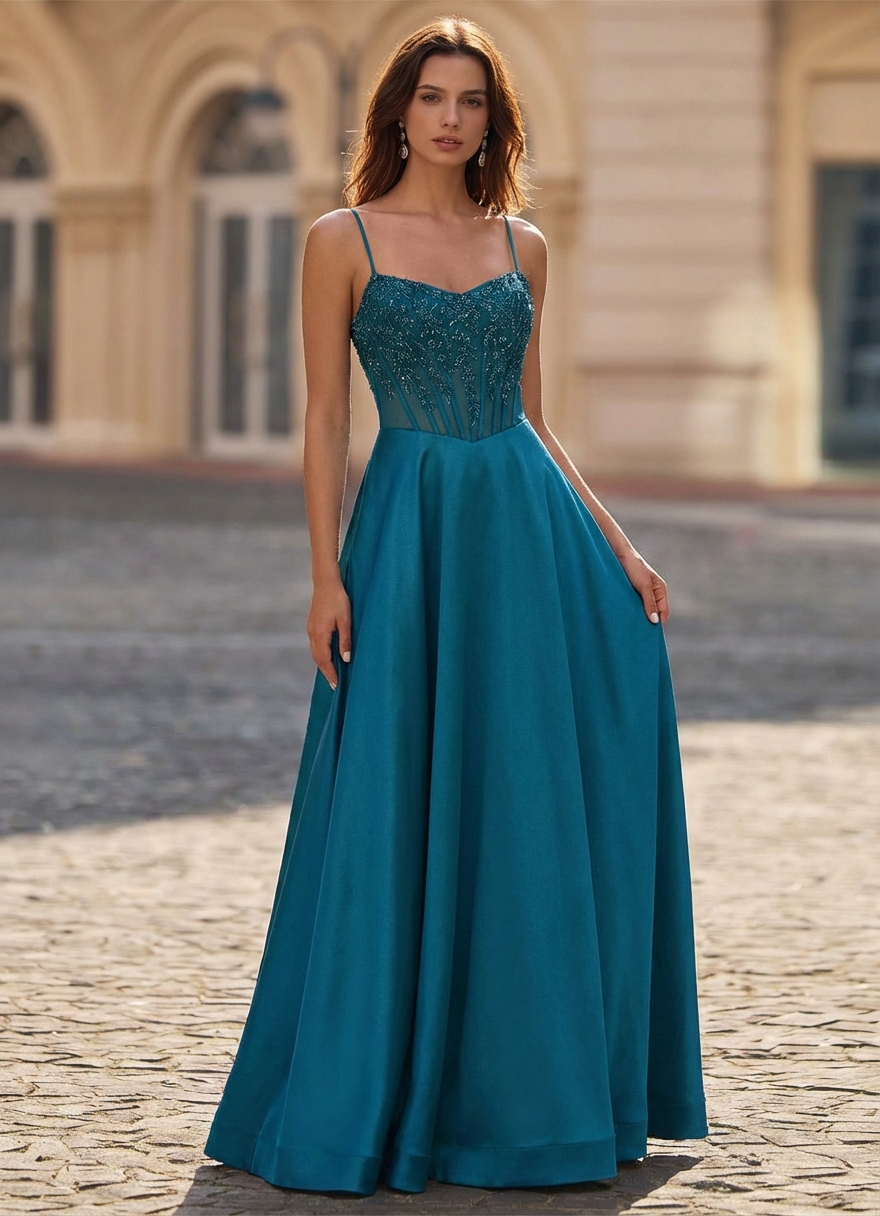 A-line V-Neck Sweep Train Silky Satin Prom Dresses With Sequins Beading