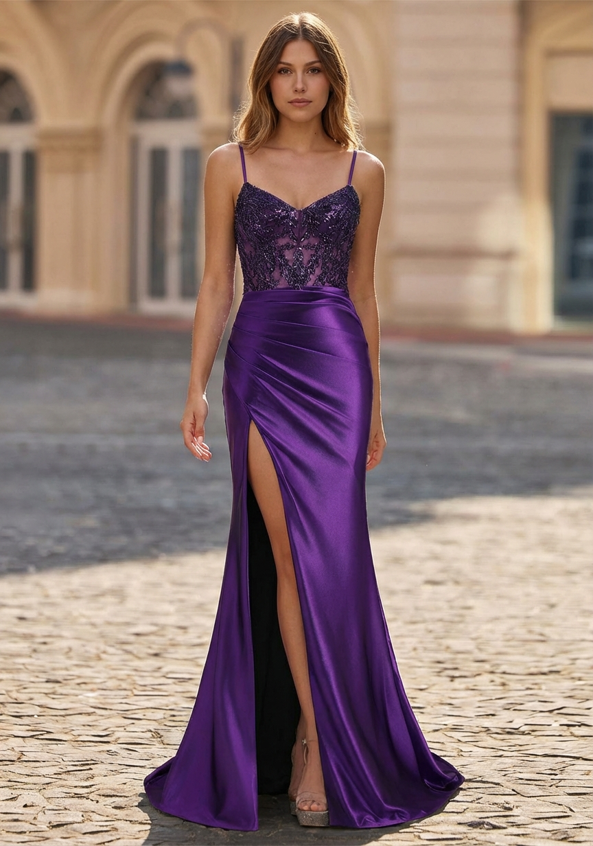 Trumpet/Mermaid Spaghetti Straps Sweep Train Satin Prom Dress With Sequins