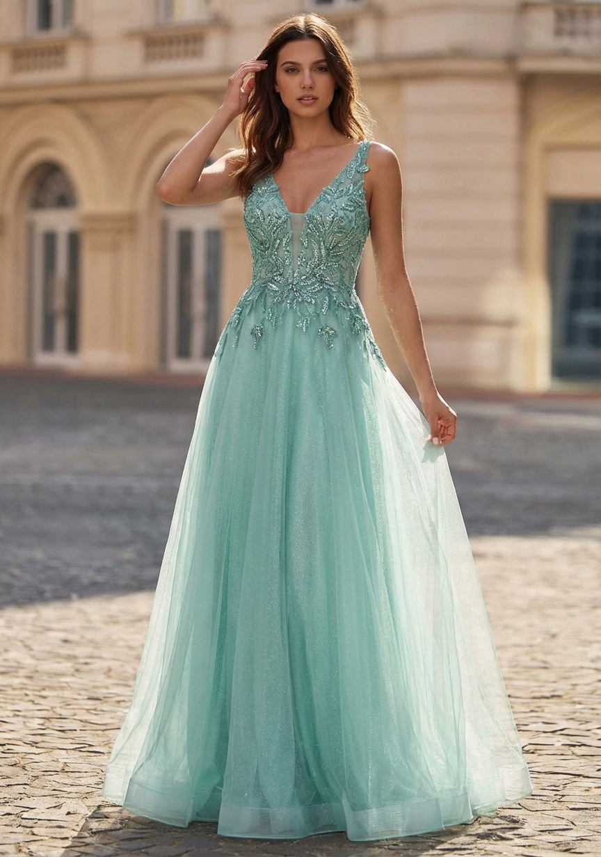 A-line Sleeveless Sweep Train Tulle Prom Dress With Sequins
