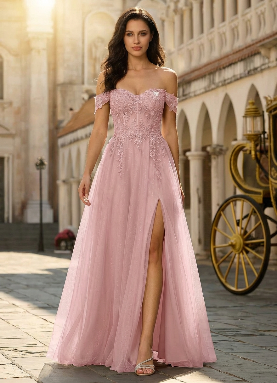 A-line Off the Shoulder Sweep Train Tulle Prom Dresses With Sequins Appliques Lace Beading