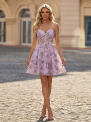 A-line Sweetheart Short Lace Mini Dress With Flower