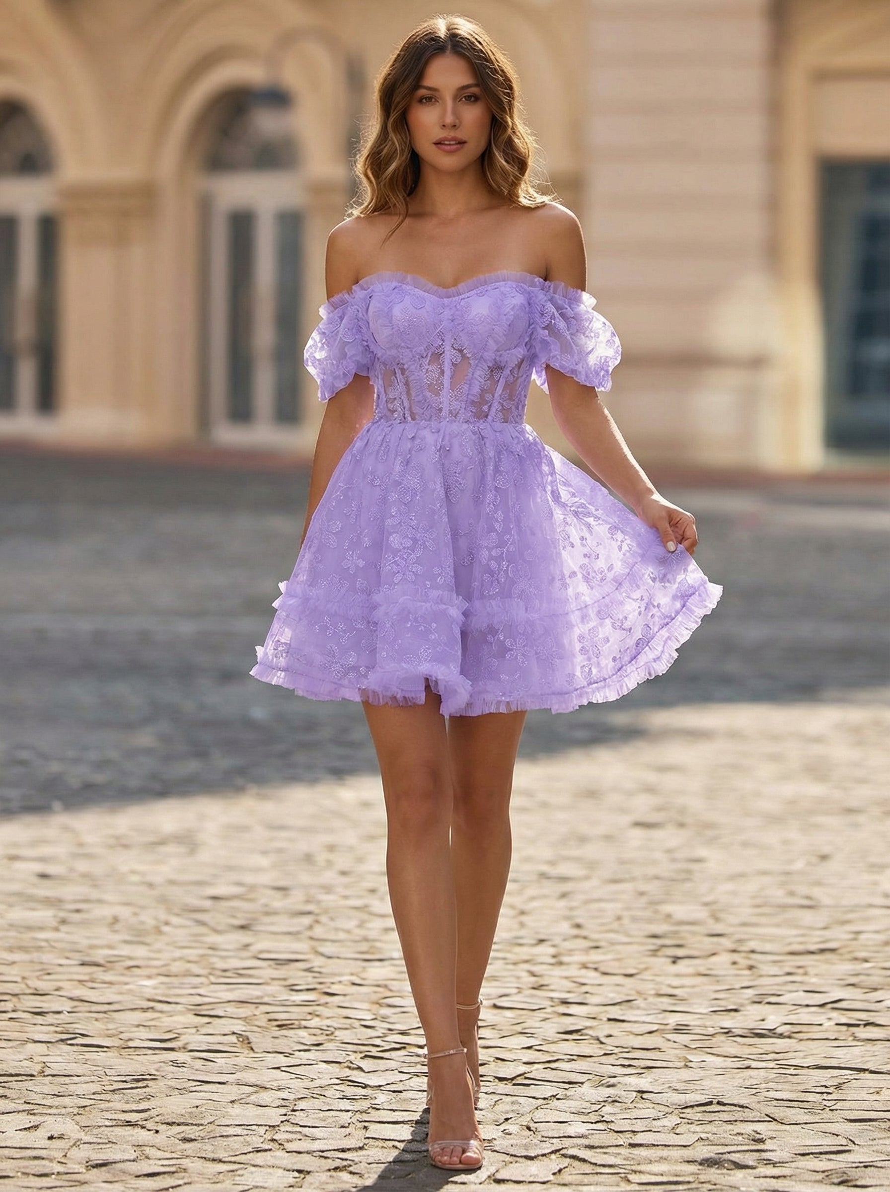 A-line Sweetheart Short Lace Mini Dress With Ruffle