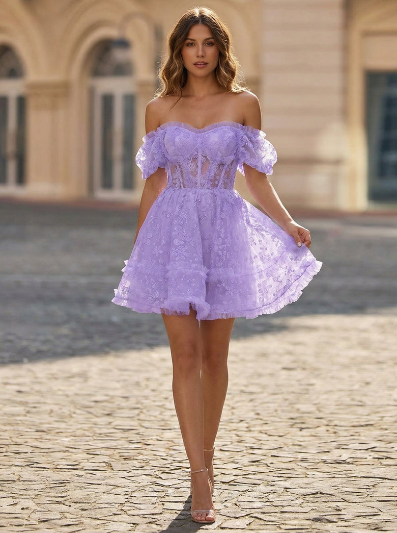 A-line Sweetheart Short Lace Mini Dress With Ruffle KOREYILA A-line Sweetheart Short Lace Mini Dress With Ruffle KOREYILA