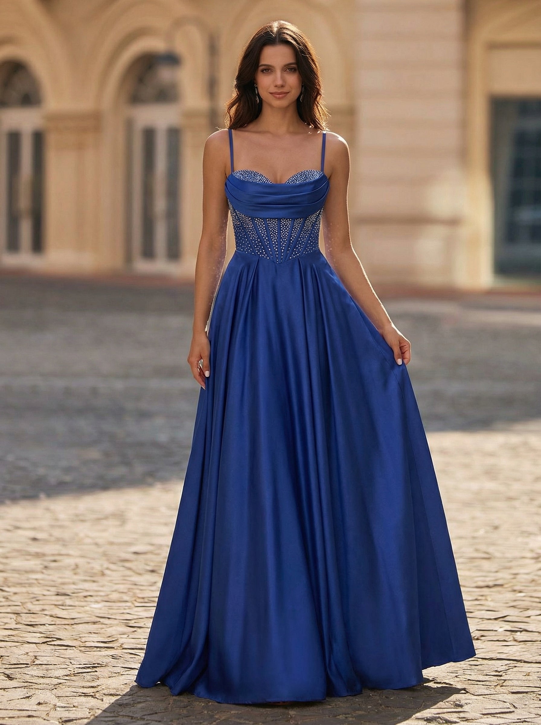 A-line Sweetheart Sweep Train Silky Satin Prom Dresses With Rhinestone