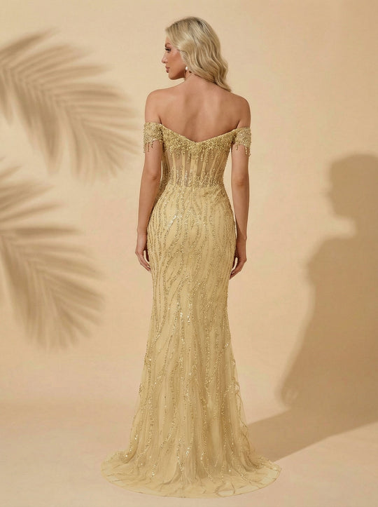 Trumpet/Mermaid Off the Shoulder Sweep Train Sequin Maxi Dresses With Sequins